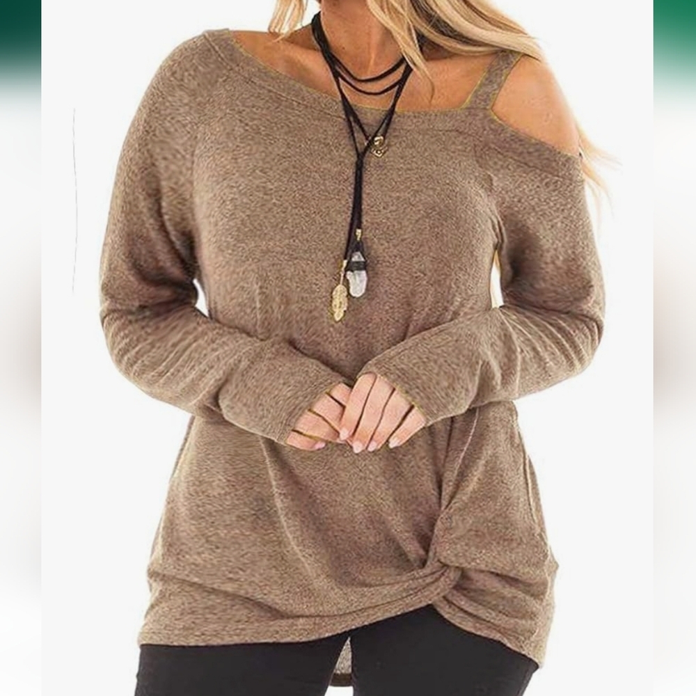 Amazon Long Sleeve Knotted Off-Shoulder Brown Shirt Size 14W
